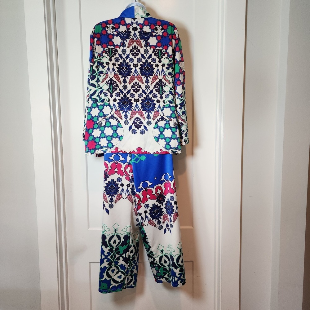 Natori Satin Pajama Set L Blue Pink Morrocan Tile Kimono Top Lounge Pants Resort - Picture 3 of 16